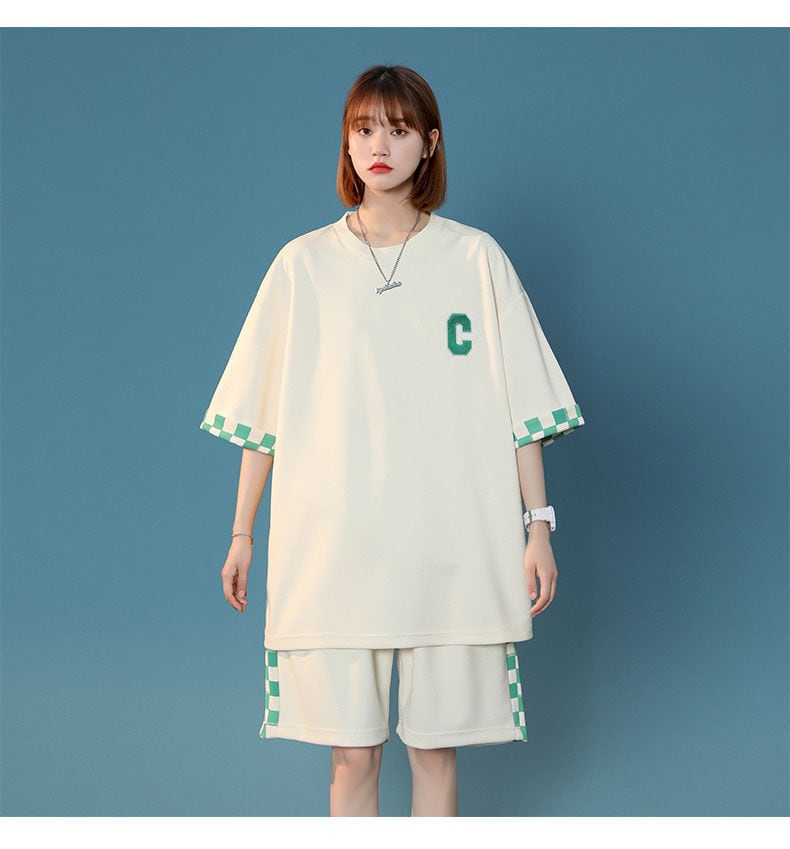 超人気 ルーズ 切り替え 半袖Tシャツⅹパンツセット全2色 <ins-8209>