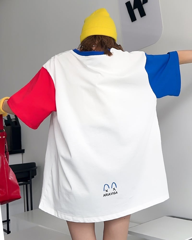 お勧めカラーマッチング ビッグロゴ ゆったり 半袖Tシャツ 全2色<ins-4838>