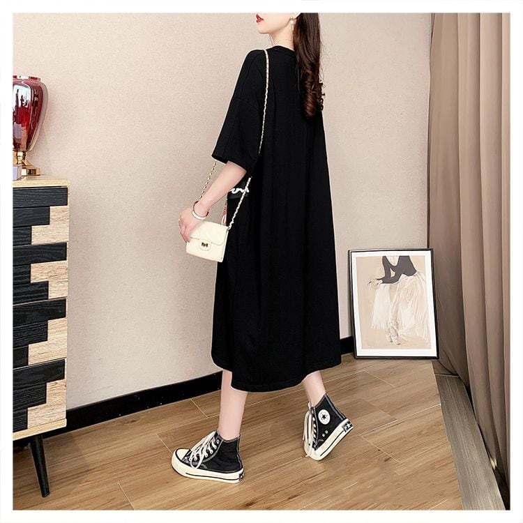 スタイリッシュ カジュアル プリント Tシャツ カットソー ワンピース<ins-8285>