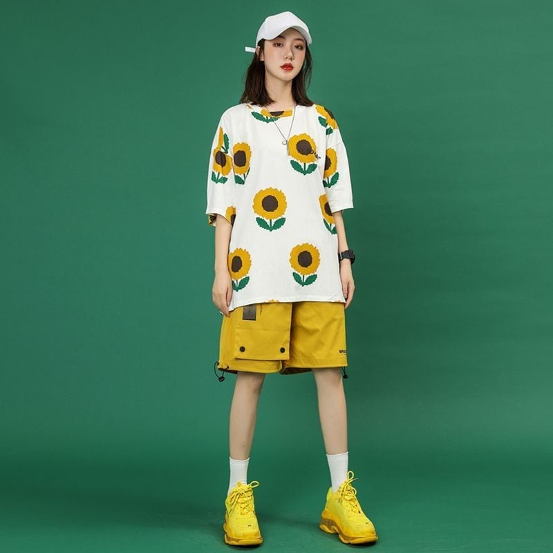 新商品 簡潔 カジュアル 花柄 半袖Tシャツⅹパンツセット<ins-8071>