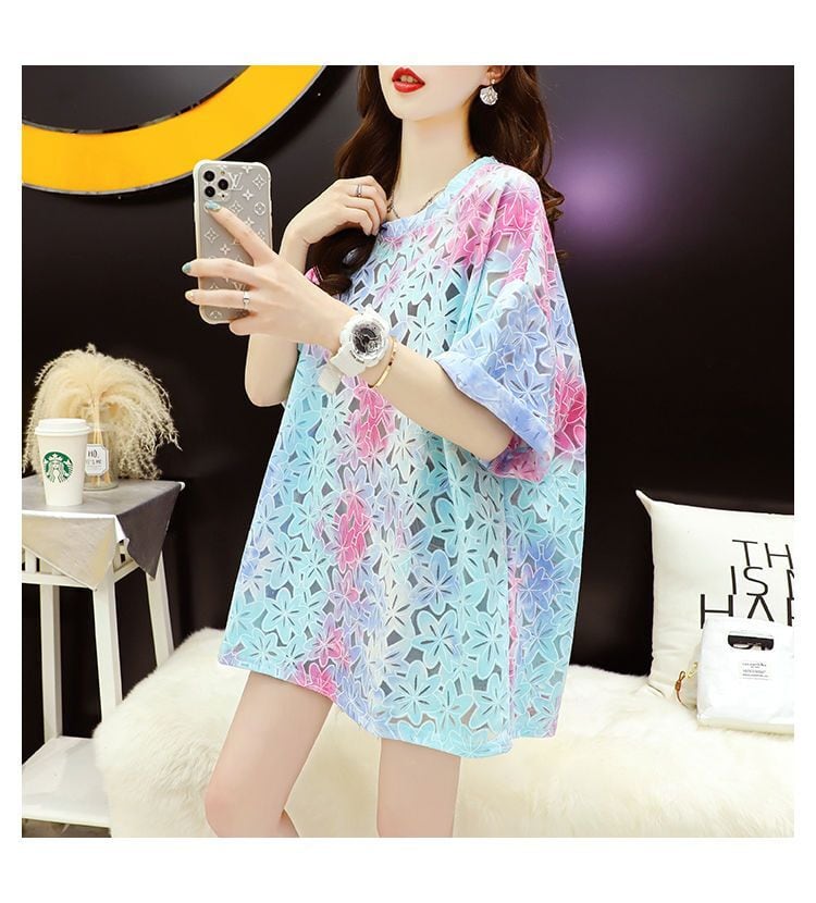 美人度アップ スウィート ゆったり 透かし彫り 半袖Tシャツ<ins-8140>