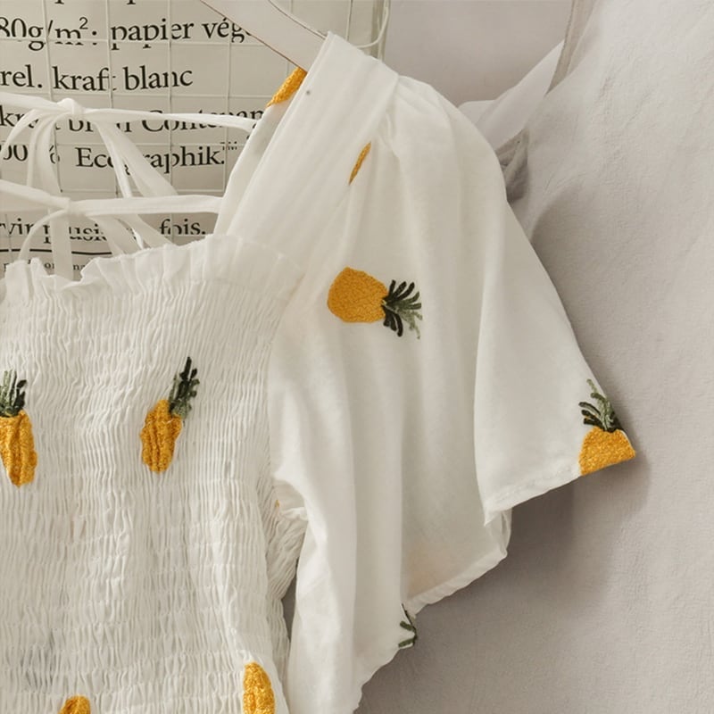 スウィート イチゴ パイナップル リボン スクエアネック 着せ 半袖 ワンピース <ins-1937>