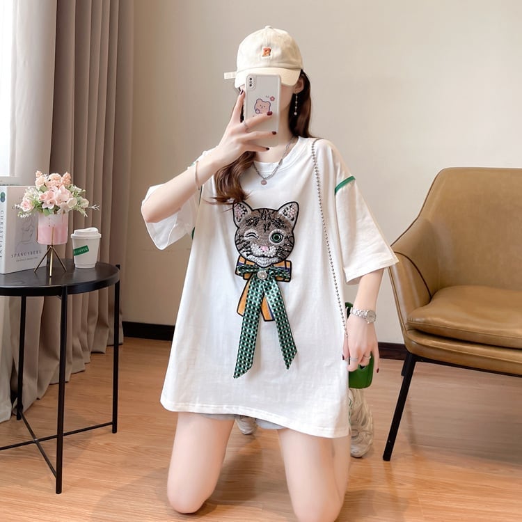 質感のいい 立体のリボン 猫刺繍 ロング Tシャツ ゆったり半袖 <ins-2919>