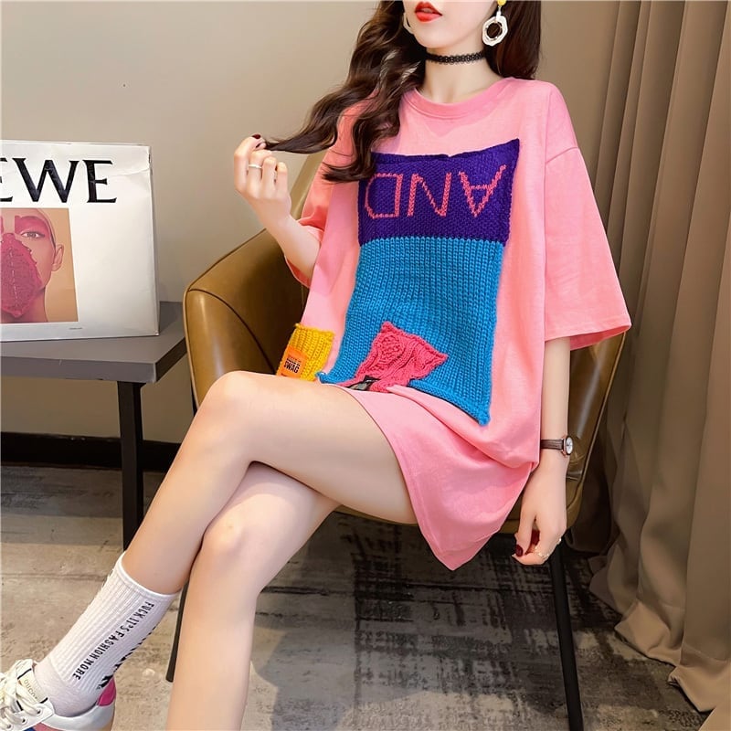 【半額!期間限定!!】ゆったりロング丈切り替え三色半袖Tシャツ<ins-1565>