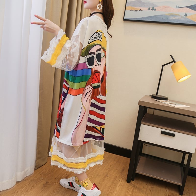 【ランキング上位】プリント お洒落 可愛い 着心地良い ロングTシャツワンピース <ins-887>