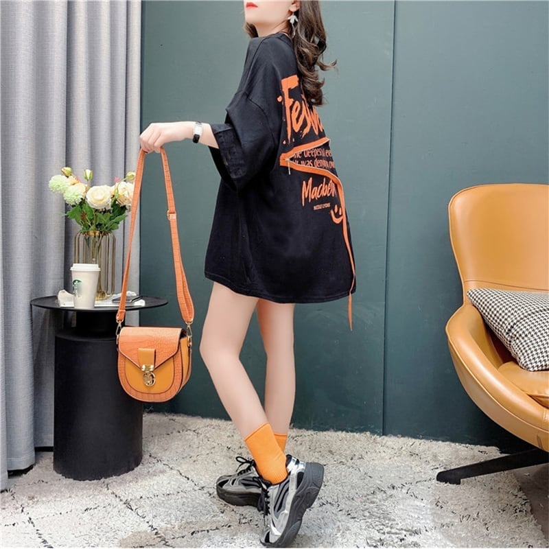 デザイン感 チャーミング 切り替え プリント Tシャツ カットソー<ins-3578>