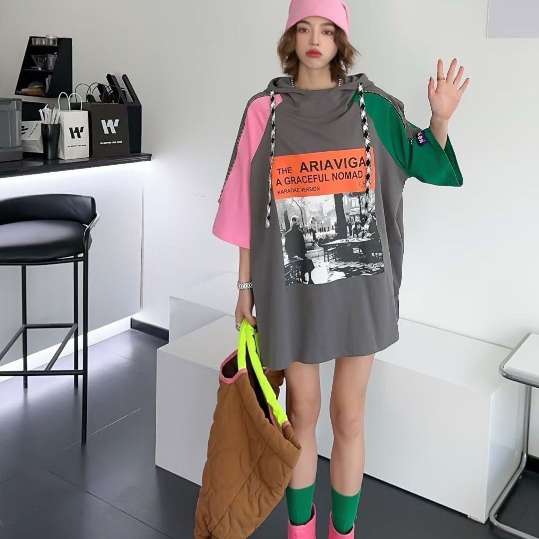 売り切れ必至 カジュアル プリント 切り替え 半袖Tシャツ カットソー<ins-8257>