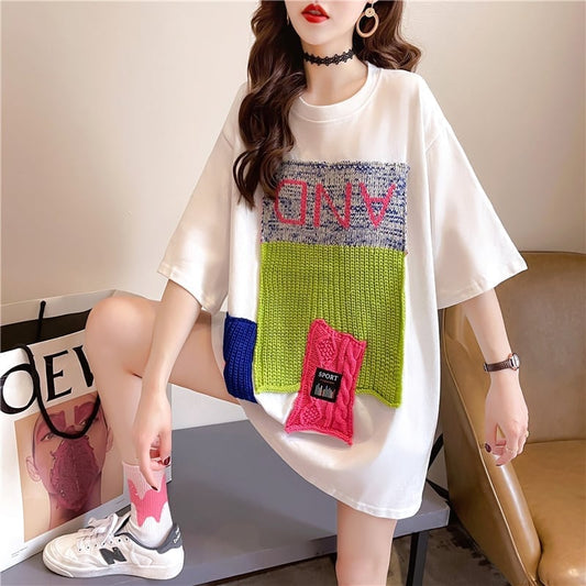 【半額!期間限定!!】ゆったりロング丈切り替え三色半袖Tシャツ<ins-1565>