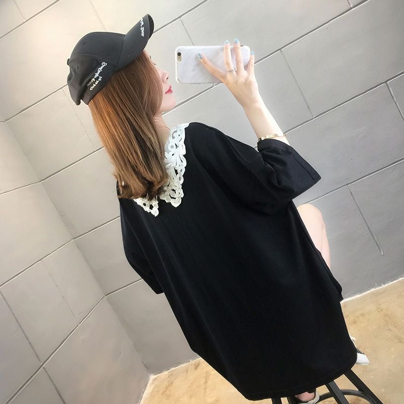 大人可愛い ゆったり ロング丈 切り替え 三色半袖Tシャツ<ins-8129>