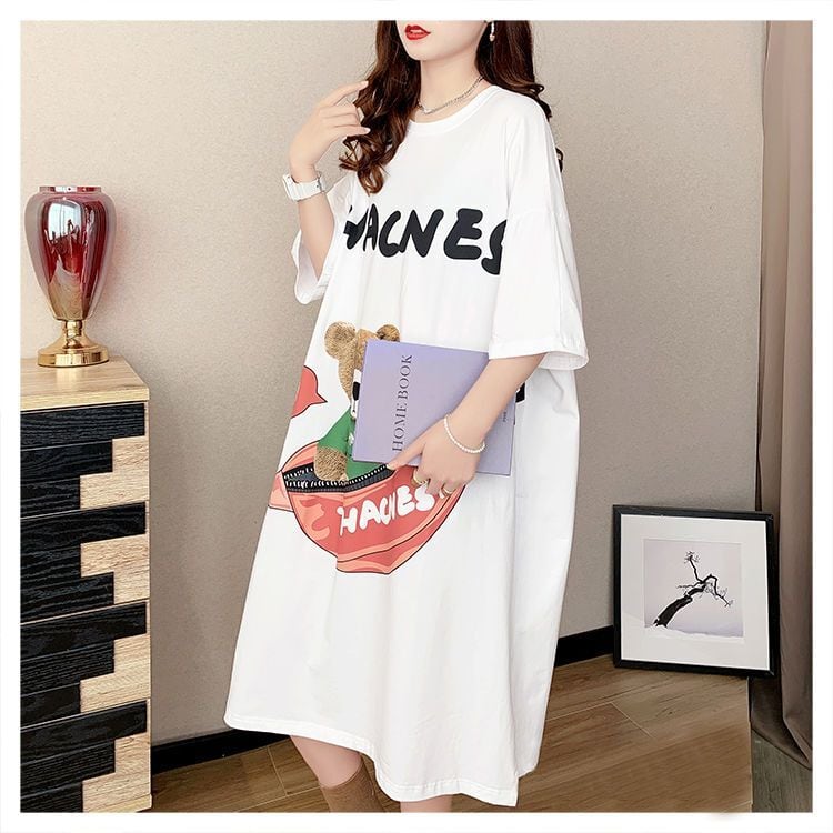 スタイリッシュ カジュアル プリント Tシャツ カットソー ワンピース<ins-8285>