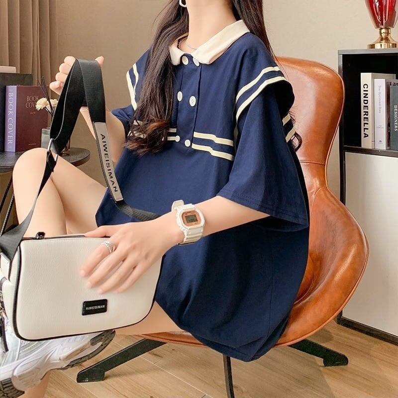 絶対欲しい セーラーカラー ロング Tシャツ 三色 ゆったりワンピース<ins-4028>