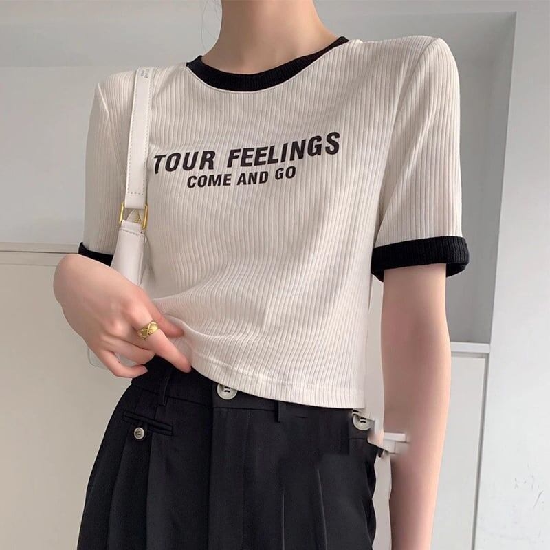 ゆったり感アップ ファッション アルファベット Tシャツ カットソー<ins-3077>