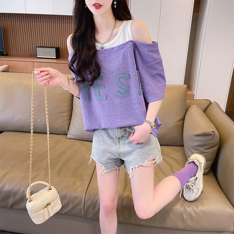 新商品 カジュアル ゆったり プリント オープンショルダー 2色 半袖Tシャツ<ins-8282>