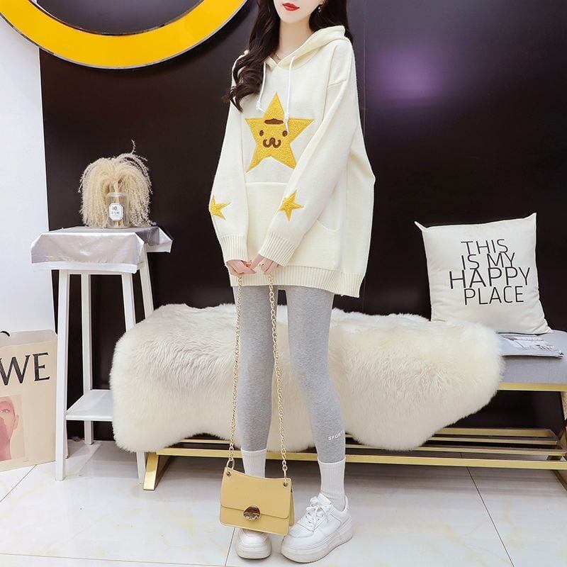 大人可愛い星柄ロゴゆったりフード付きニットパーカ全2色トップスE-4782