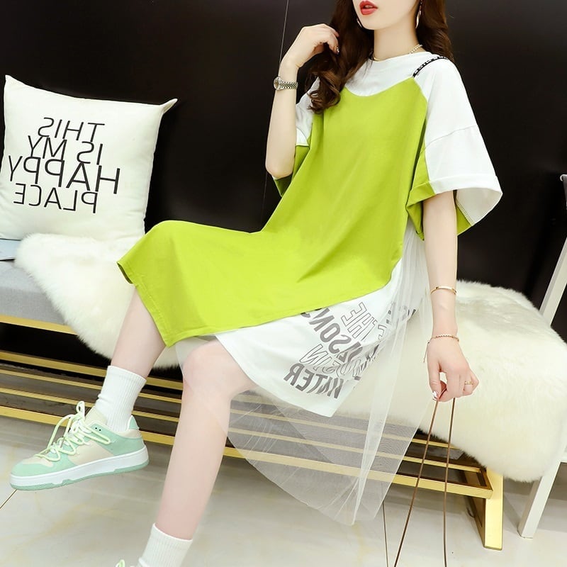 好感度UP 切り替え  レイヤード風 プリント Tシャツ ゆったりワンピース<ins-8105>