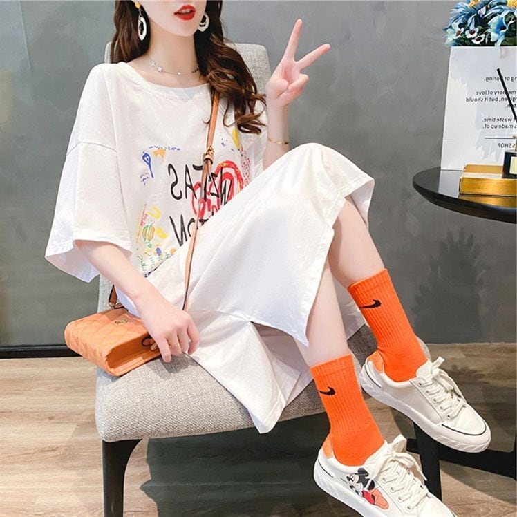 好感度UP カジュアル ゆったりロング丈 切り替え 三色 半袖Tシャツ<ins-8166>