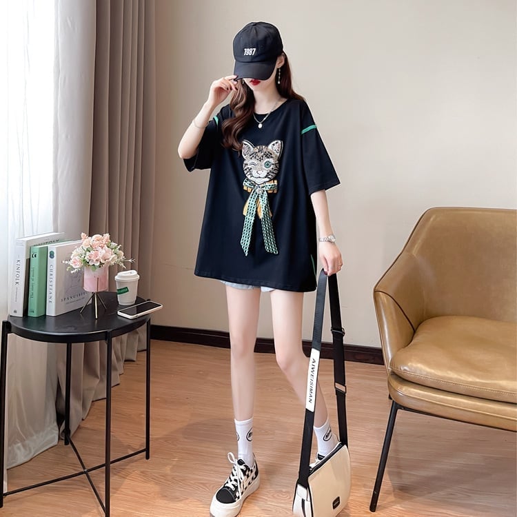 質感のいい 立体のリボン 猫刺繍 ロング Tシャツ ゆったり半袖 <ins-2919>