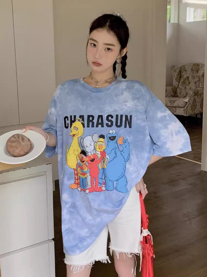 売り切れ必至 絞り染め プリント ビッグロゴ ゆったりトップス 半袖Tシャツ 全2色<ins-8272>