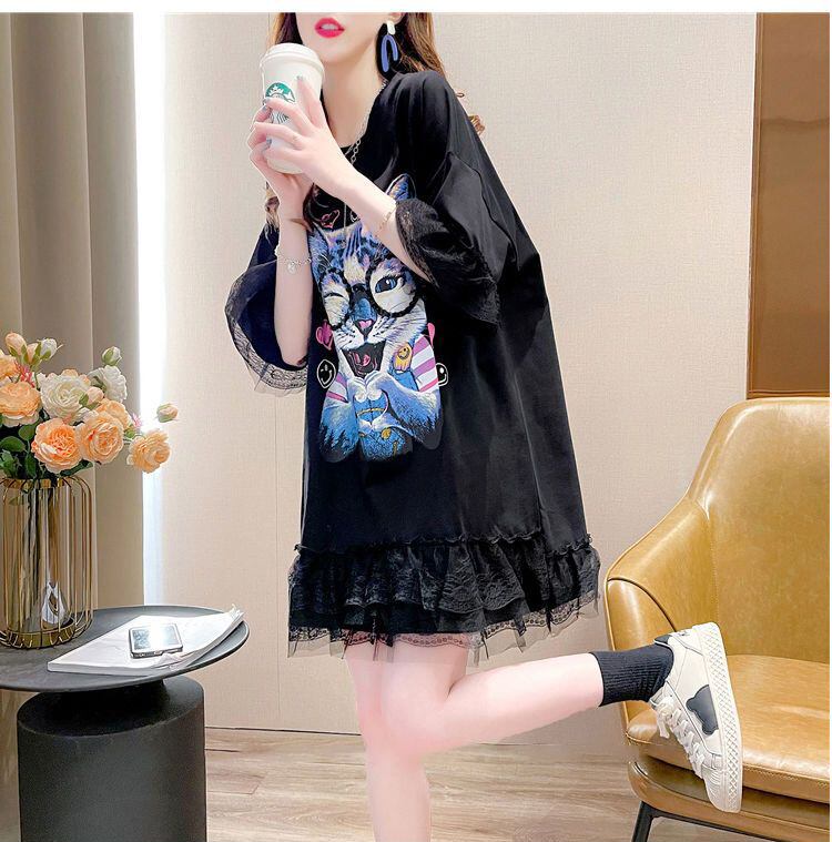 話題沸騰中 キュート ゆったり ロング丈 切り替え 2色半袖Tシャツ<ins-8133>