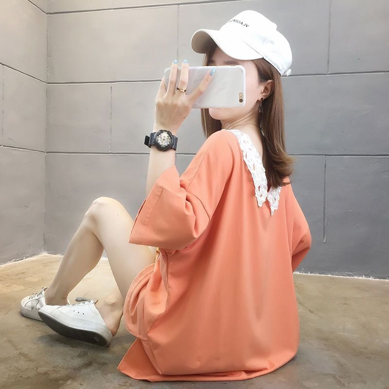 大人可愛い ゆったり ロング丈 切り替え 三色半袖Tシャツ<ins-8129>