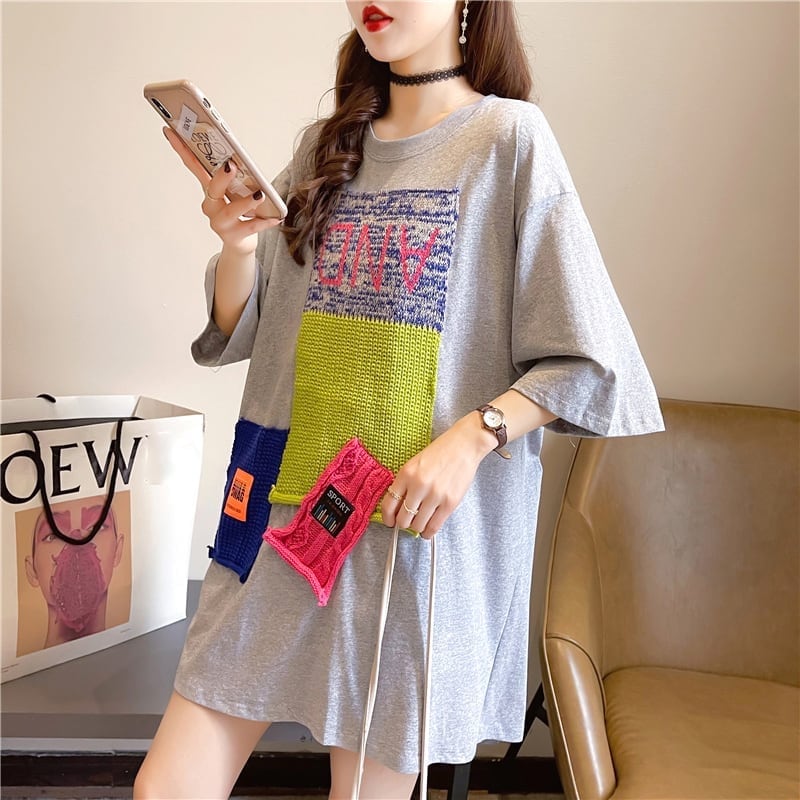 【半額!期間限定!!】ゆったりロング丈切り替え三色半袖Tシャツ<ins-1565>