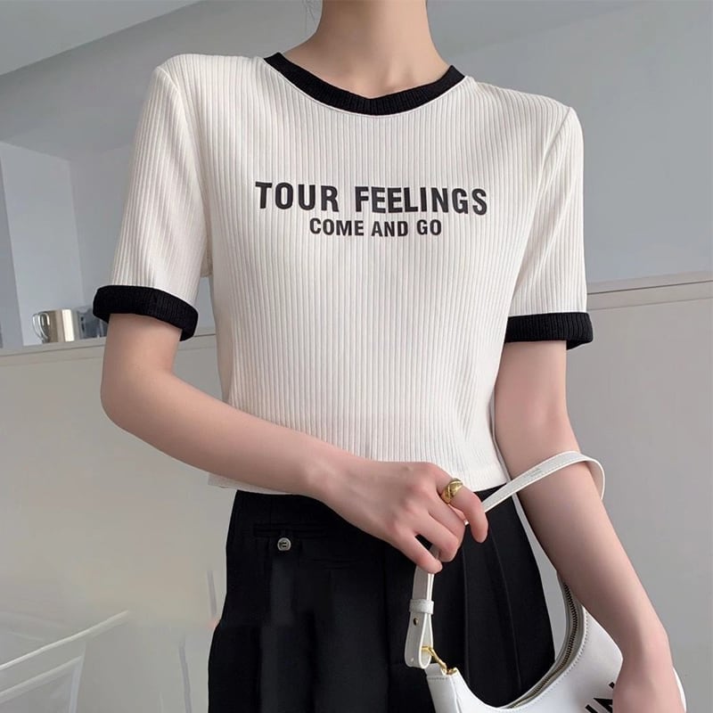 ゆったり感アップ ファッション アルファベット Tシャツ カットソー<ins-3077>