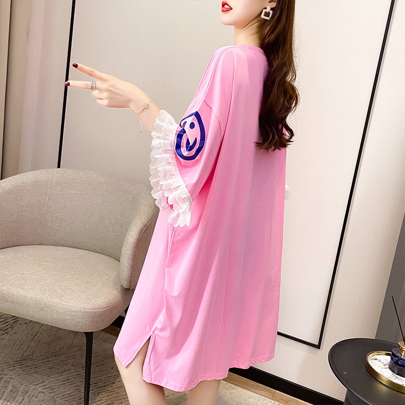 夏新作 オーバーサイズ アルファベット フリル プリントTシャツ 三色 ゆったり半袖<ins-3009>