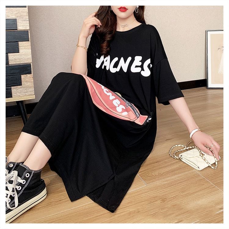 スタイリッシュ カジュアル プリント Tシャツ カットソー ワンピース<ins-8285>