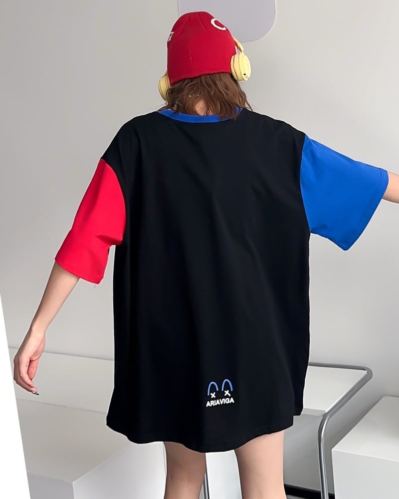 お勧めカラーマッチング ビッグロゴ ゆったり 半袖Tシャツ 全2色<ins-4838>