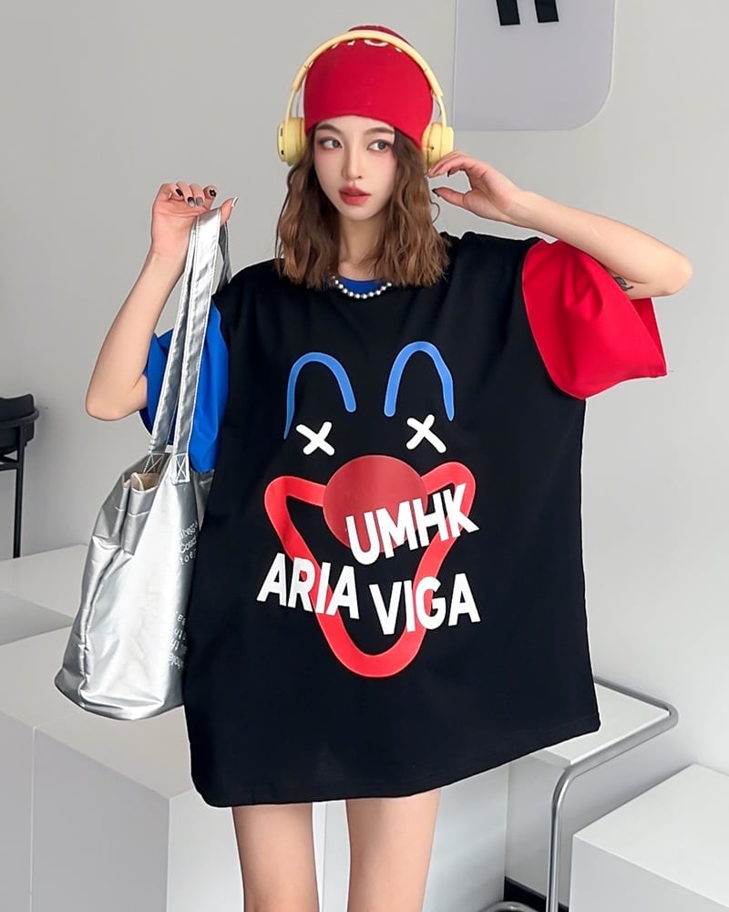 お勧めカラーマッチング ビッグロゴ ゆったり 半袖Tシャツ 全2色<ins-4838>