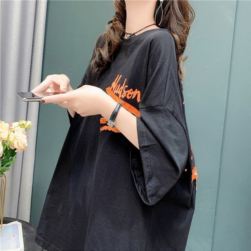 デザイン感 チャーミング 切り替え プリント Tシャツ カットソー<ins-3578>