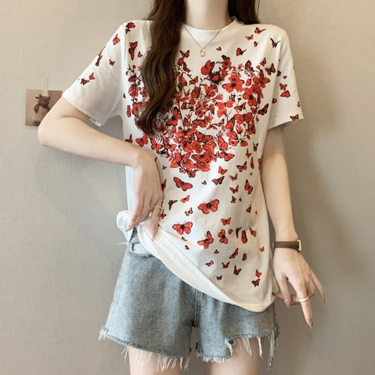 オシャレ度満点 着心地抜群 プリント半袖 Tシャツ<ins-8211>