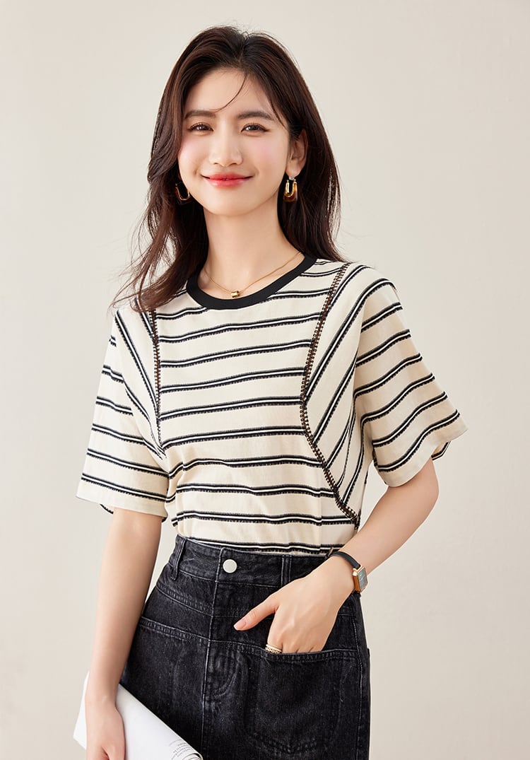 好感度UP カジュアル ファッション エレガント ストライプ柄 Tシャツ<ins-8327>