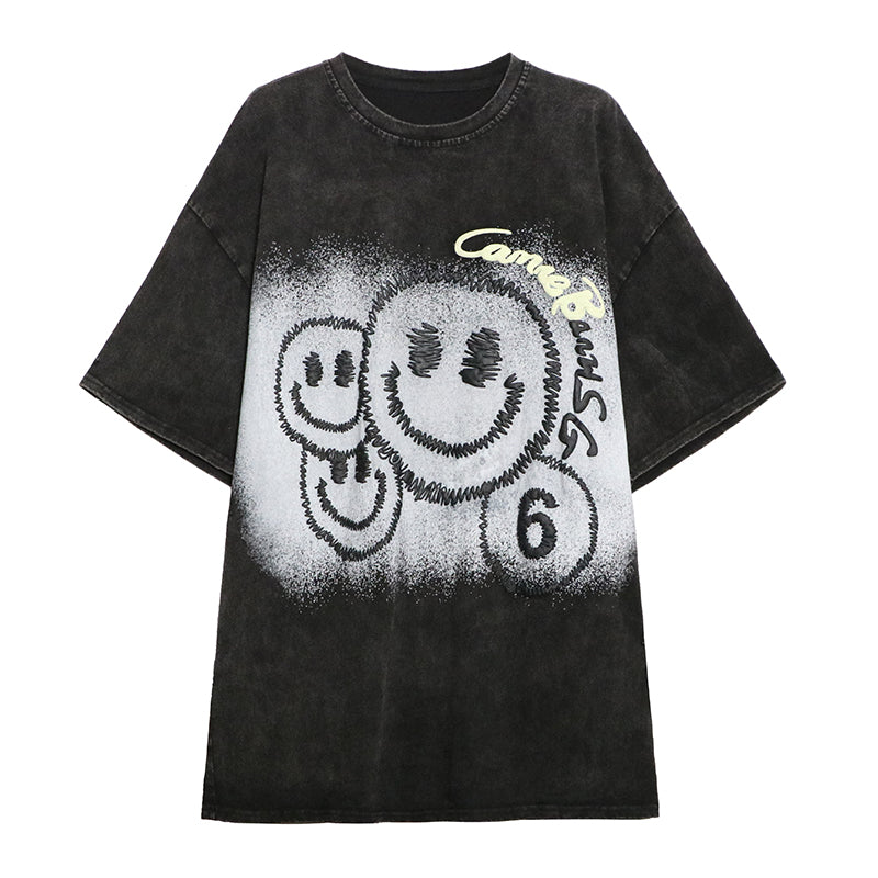 大注目 スマイルプリント ヴィンテージ加工 ゆったり 半袖Tシャツ -A728