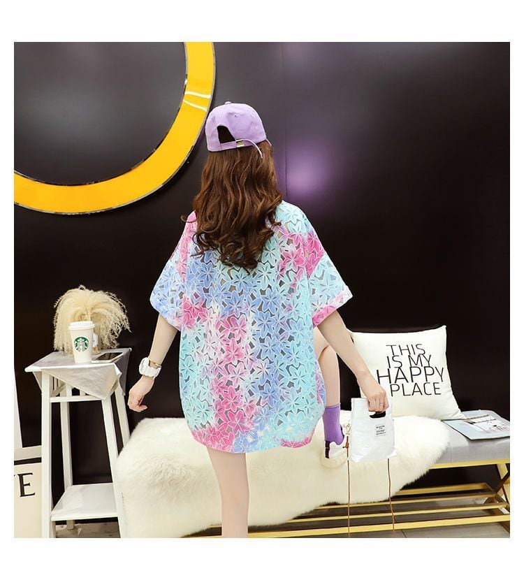 美人度アップ スウィート ゆったり 透かし彫り 半袖Tシャツ<ins-8140>