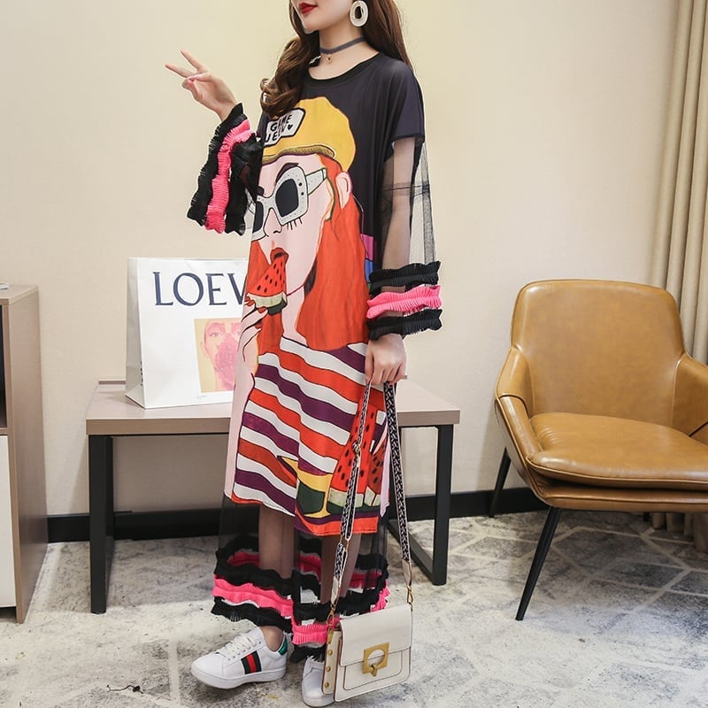 【ランキング上位】プリント お洒落 可愛い 着心地良い ロングTシャツワンピース <ins-887>