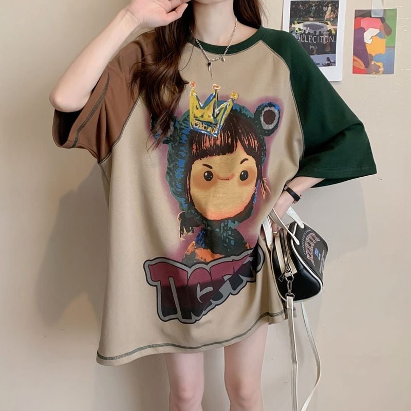 話題沸騰中 お勧めカラーマッチング ビッグロゴ ゆったり 半袖Tシャツ<ins-8350>