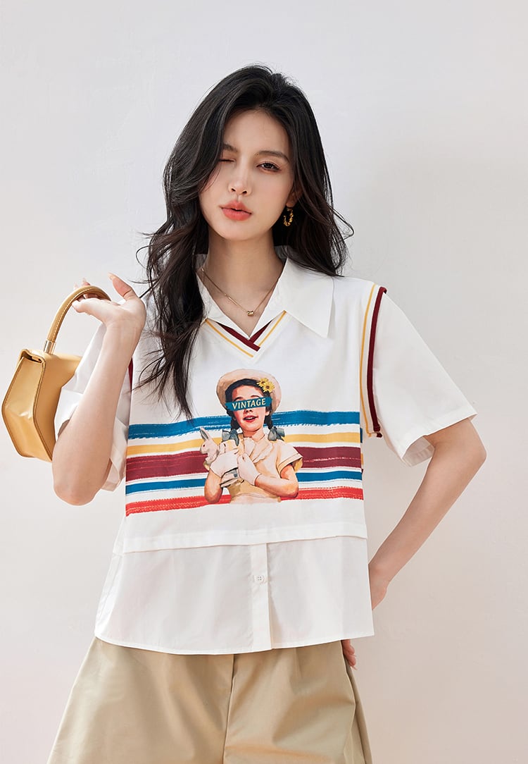 話題沸騰中 個性的なデザイン 一目惚れ レイヤード風 Tシャツ カットソー<ins-8331>