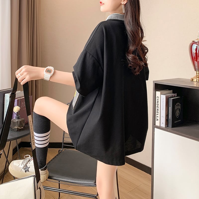 カジュアル お洒落 3色選択可 ストライプ Tシャツ カットソー<ins-3068>