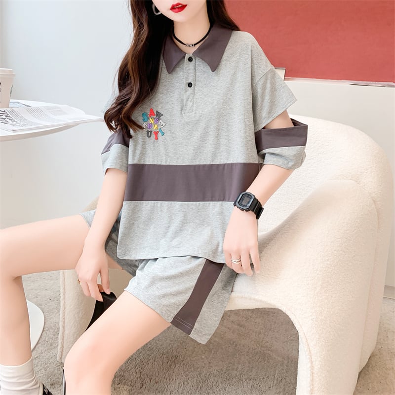おすすめ カジュアル 切り替え 半袖Tシャツⅹパンツセット全2色 <ins-8281>