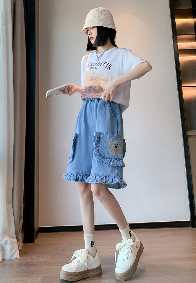 超人気 ゆったり感アップ オシャレ度満点 デニム 2色選択可 ハイウエスト パンツ ボトムス<ins-8298>