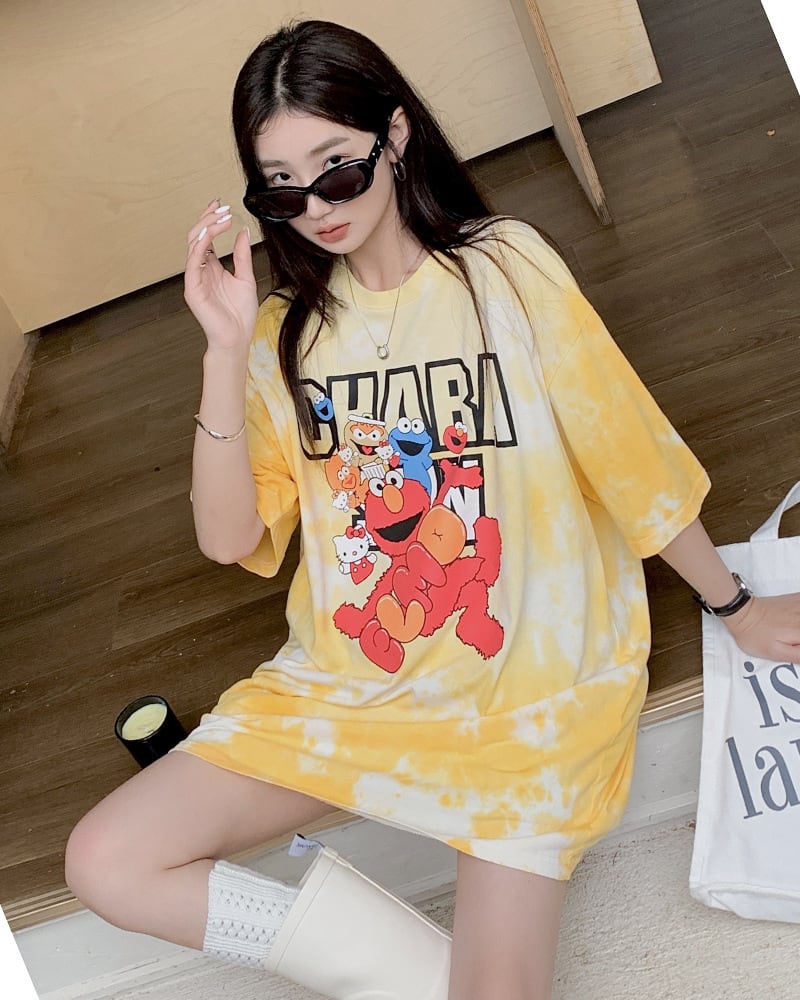 売り切れ必至 絞り染め プリント ビッグロゴ ゆったりトップス 半袖Tシャツ 全2色<ins-8272>