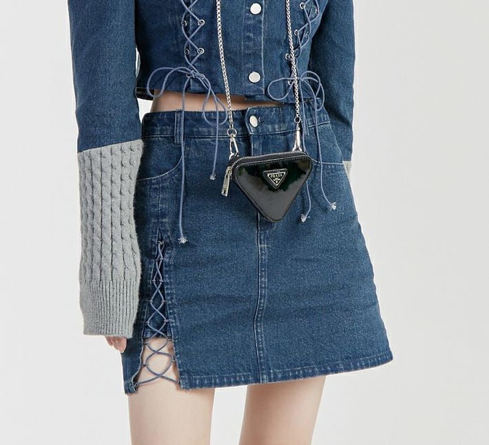 スタイルアップ効果抜群 デニム 高見えデザイン トップスⅹミニスカートセットアップE-9160