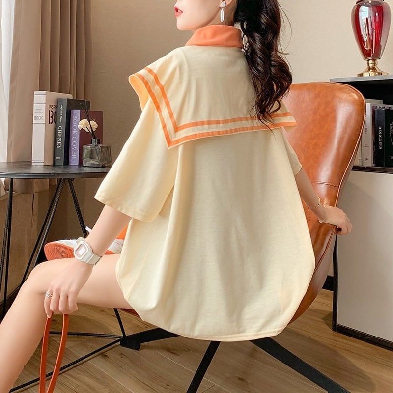 絶対欲しい セーラーカラー ロング Tシャツ 三色 ゆったりワンピース<ins-4028>