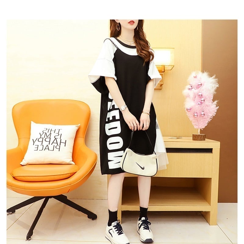 好感度UP 切り替え  レイヤード風 プリント Tシャツ ゆったりワンピース<ins-8105>