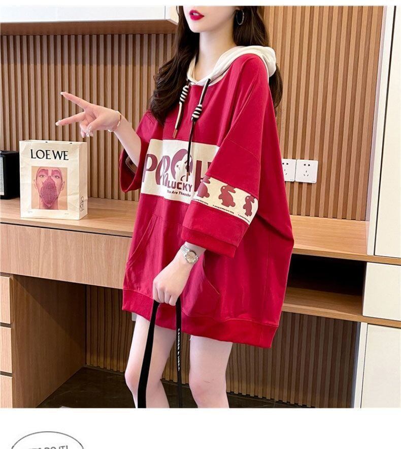 【半額!期間限定!!】大人気 切り替え ウサギちゃん プリント 配色 ロング半袖パーカー<ins-4004>