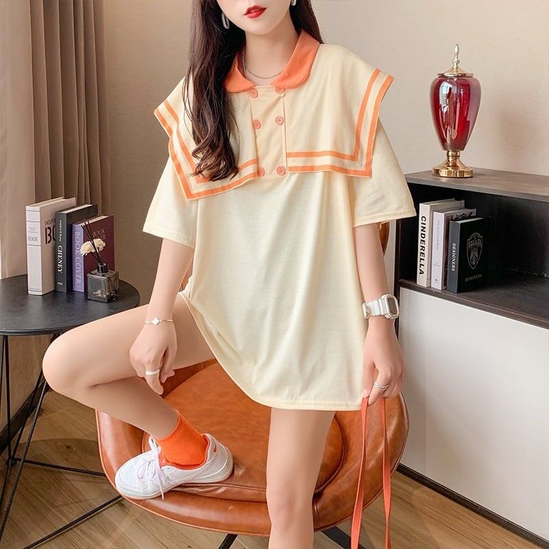 絶対欲しい セーラーカラー ロング Tシャツ 三色 ゆったりワンピース<ins-4028>