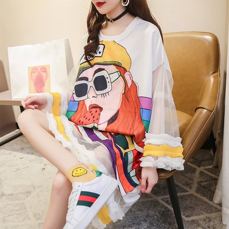 【ランキング上位】プリント お洒落 可愛い 着心地良い ロングTシャツワンピース <ins-887>