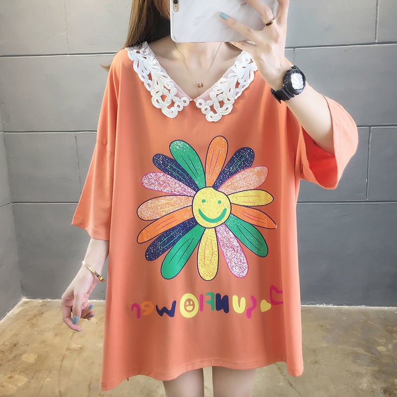 大人可愛い ゆったり ロング丈 切り替え 三色半袖Tシャツ<ins-8129>