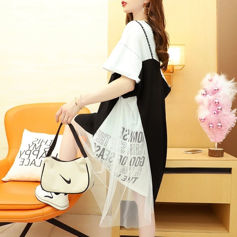 好感度UP 切り替え  レイヤード風 プリント Tシャツ ゆったりワンピース<ins-8105>